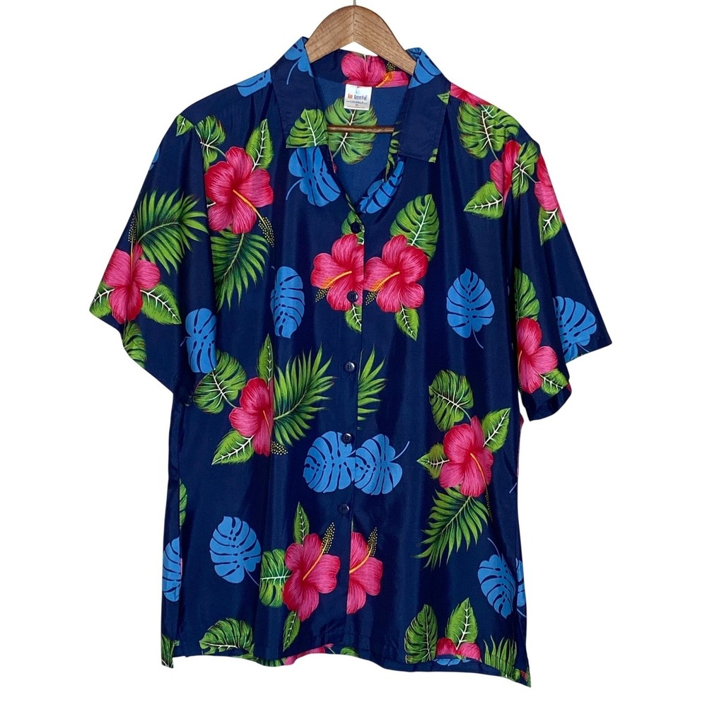 La Leela Mens Hawaiian Aloha Camp Shirt Size XL Blue Pink Hibiscus Tropical Luau